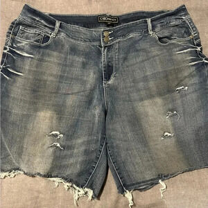 Cato premium brand Distressed Jean shorts darker wash. Frayed hem.